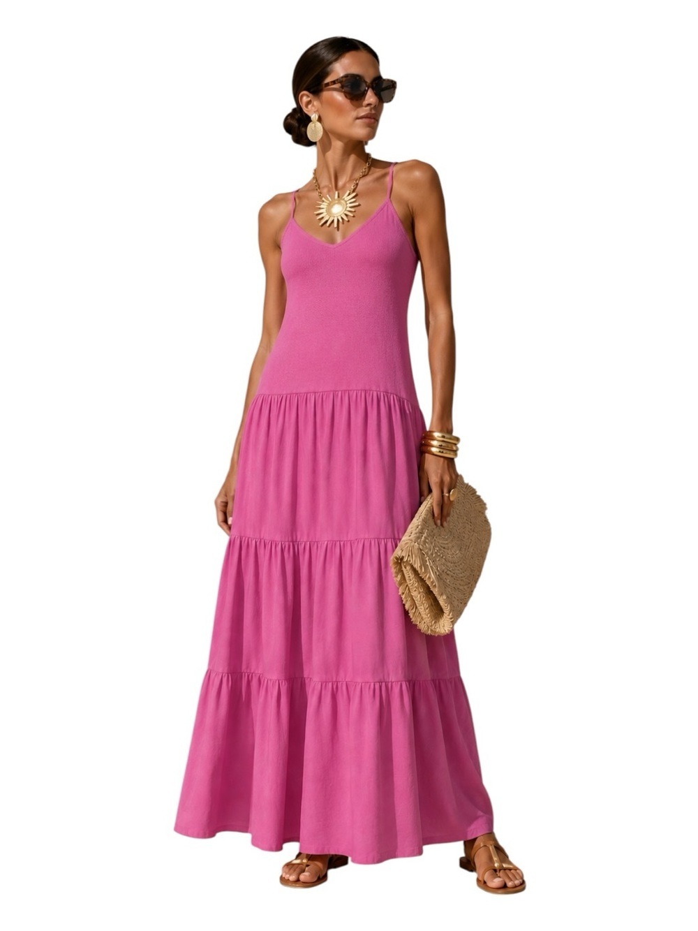 ZARA Pink Tiered Maxi Sundress Women’s Small Flowy Resort Summer Slip Dress - Picture 9 of 12